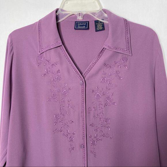 Laura Scott Wms 16 Purple Floral Embroidered Blouse Casual Dressy Office - Picture 7 of 11